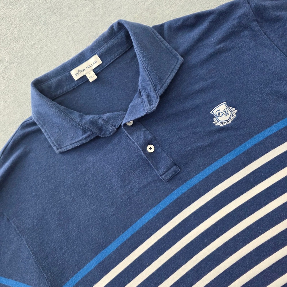 Peter Millar Mens Navy Blue White Striped Pima Cotton Tencel Polo Shirt Large